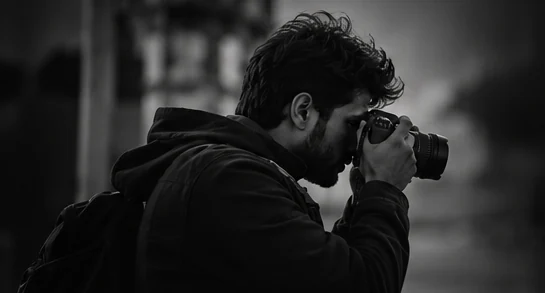 Black and white concept photograph of a photographer behind a camera