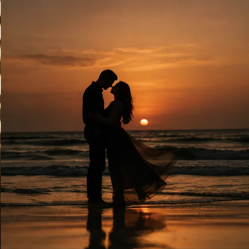 Romantic silhouettes of a couple embracing at sunset on the beach