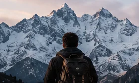 Backpacker surrounded by dramatic snowy mountain peaks