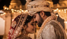 Warm, close portrait of a South Asian bride and groom
