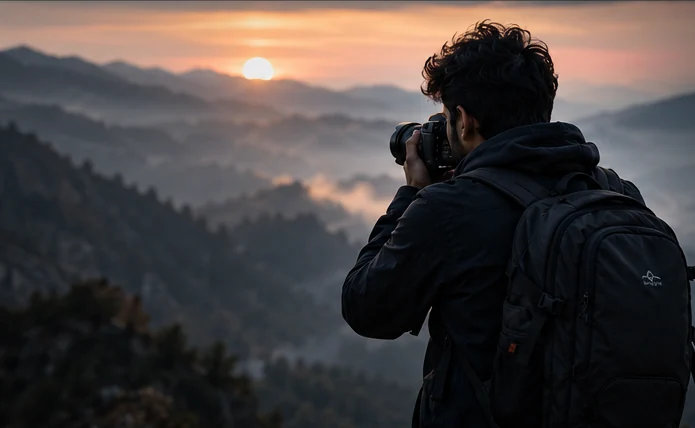 Cinematic concept photograph of a photographer composing a mountain sunrise