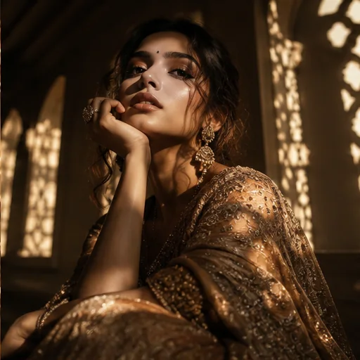Thoughtful editorial portrait of a woman in gold attire and beautiful side light