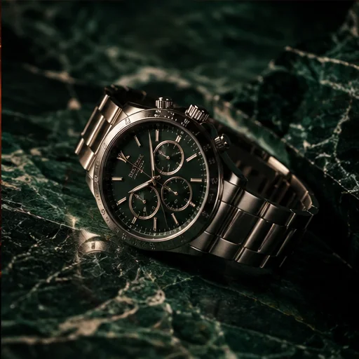 Luxury black metal watch on dark green polished stone