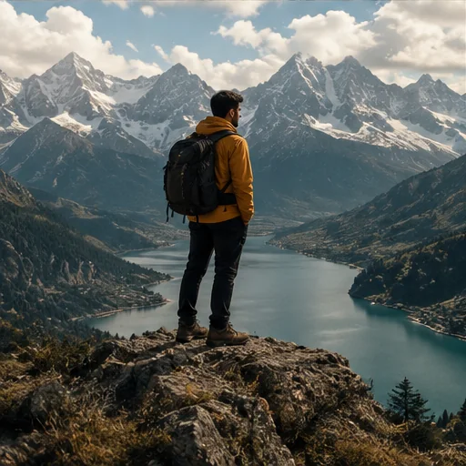 Traveler above a turquoise alpine lake beneath dramatic snow-capped mountains