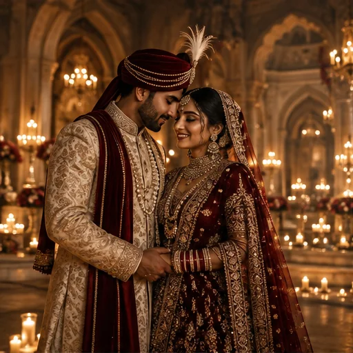 Indian bride and groom surrounded by glowing candles in a heritage venue